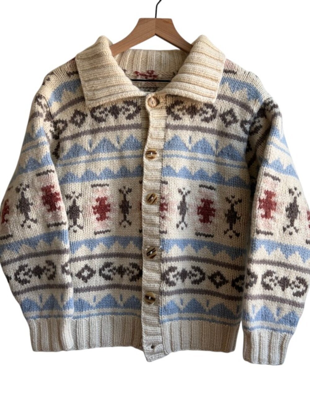 Vintage Hand Made Chunky Heavy Wool Cardigan Sweater Nordic Collared